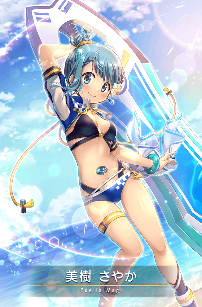 1girl ankle_socks anklet arm_behind_head barefoot belt belt_buckle bikini black_bikini black_socks blue_bikini blue_eyes blue_gemstone blue_hair blue_jacket blue_sky breasts buckle card_(medium) character_name checkered_clothes checkered_jacket cleavage closed_mouth cloud collared_jacket cropped_jacket day dot_nose earrings feet_out_of_frame flower game_cg gem hair_flower hair_ornament high_collar highleg highleg_bikini holding holding_surfboard jacket jewelry kuronyan layered_bikini lens_flare light_blush light_particles looking_at_viewer magia_record:_mahou_shoujo_madoka_magica_gaiden magical_girl mahou_shoujo_madoka_magica mahou_shoujo_madoka_magica_(anime) medium_breasts miki_sayaka miki_sayaka_(surfer_ver.) ocean official_alternate_costume official_art open_clothes open_jacket outdoors ponytail rainbow shore short_hair short_ponytail short_sleeves single_earring single_sock sky smile socks solo stomach stomach_jewel sunlight surfboard swimsuit thigh_belt thigh_strap two-tone_sleeves updo water_drop white_flower white_sleeves yellow_belt zipper