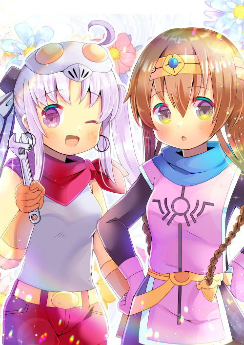 2girls :o ;d ahoge akizuki_(kancolle) bandana black_dress blue_flower bow braid breasts brown_eyes brown_gloves circlet cosplay dragon_quest dragon_quest_dai_no_daibouken dress elbow_gloves floral_background flower gloves grey_eyes hair_between_eyes hair_bow hands_on_own_hips holding kantai_collection kou_hiyoyo long_hair looking_at_viewer maam maam_(cosplay) mask mask_on_head multiple_girls one_eye_closed open_mouth parted_bangs parted_lips penne_(zoids_wild) penne_(zoids_wild)_(cosplay) pink_flower pink_gloves purple_eyes red_shorts shirt shorts side_ponytail silver_hair sleeveless sleeveless_shirt small_breasts smile striped_bow teruzuki_(kancolle) tunic twin_braids very_long_hair white_shirt wrench zoids zoids_wild