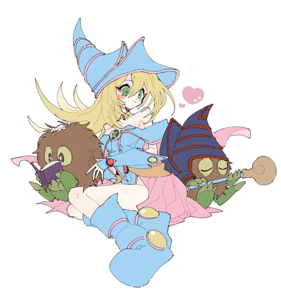 1girl azu_kichi bare_shoulders blonde_hair blue_footwear blush_stickers book boots breasts choker commentary_request cosplay dark_magician dark_magician_(cosplay) dark_magician_girl duel_monster green_eyes hat heart holding holding_staff kuriboh long_hair looking_at_another medium_breasts open_book open_mouth pentacle reading simple_background staff wizard_hat yu-gi-oh!