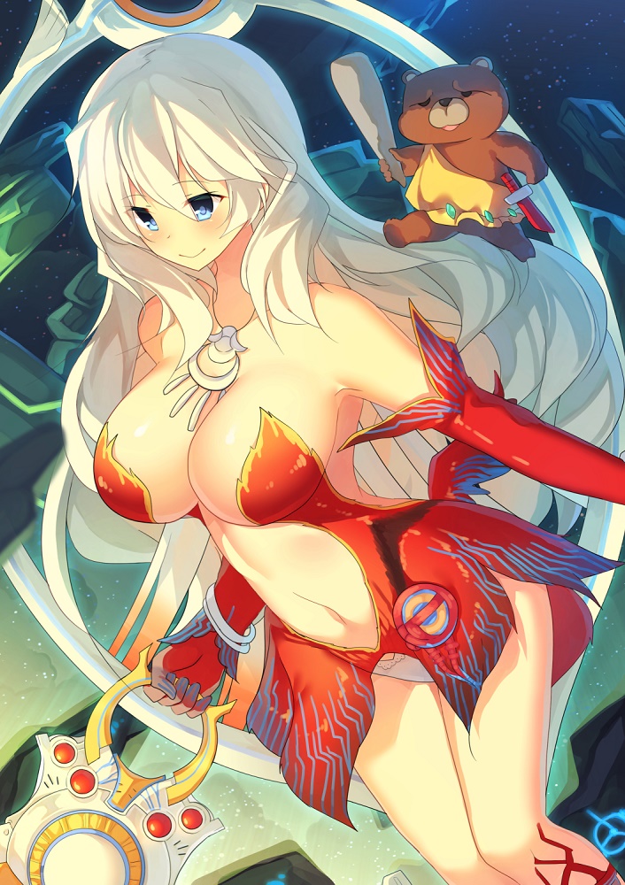 1girl armpits artemis_(fate) artemis_(third_ascension)_(fate) bare_shoulders blue_eyes blush breasts cleavage closed_mouth cowboy_shot detached_sleeves fate/grand_order fate_(series) from_side jewelry large_breasts long_hair looking_away navel necklace orion_(bear)_(fate) panties revealing_clothes smile underwear ureshiijelek very_long_hair white_hair white_panties