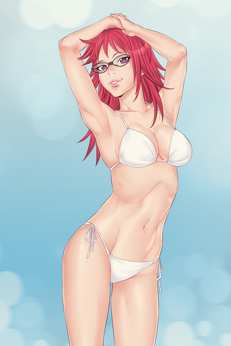1girl armpits arms_up bikini breasts cleavage cowboy_shot glasses highres karin_(naruto) linart long_hair looking_at_viewer medium_breasts naruto_(series) naruto_shippuuden navel outdoors red_eyes red_hair smile solo swimsuit white_bikini