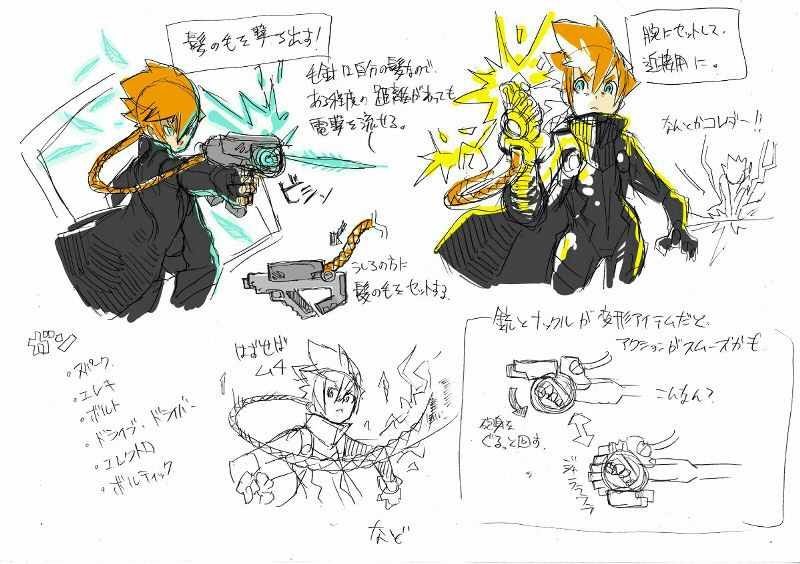 1boy araki_munehiro azure_striker_gunvolt azure_striker_gunvolt_1 black_coat blonde_hair braid braided_ponytail coat concept_art electricity gun gunvolt holding holding_gun holding_weapon male_focus official_art prototype_design reference_sheet sketch solo weapon