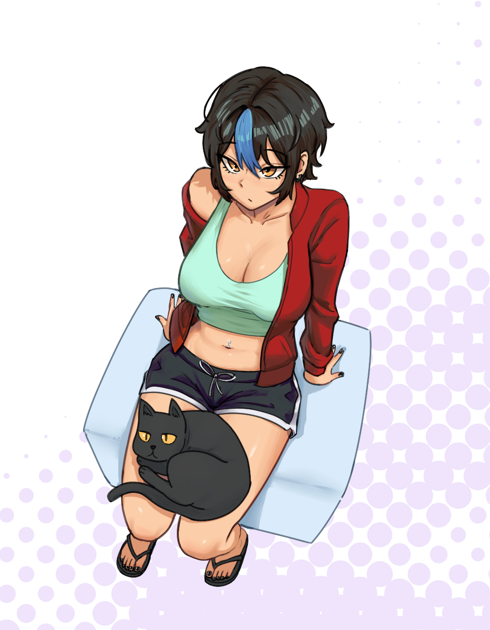 1girl animal animal_on_lap arm_support black_cat black_hair black_nails black_shorts blue_hair breasts cat cleavage dolphin_shorts earrings flip-flops green_tank_top hair_between_eyes highres jacket jewelry large_breasts midriff multicolored_hair nail_polish navel navel_piercing nihu on_lap open_clothes open_jacket orange_eyes original piercing red_jacket sandals short_hair short_shorts shorts single_bare_shoulder sitting streaked_hair tank_top toenail_polish toenails tomboy track_jacket white_background