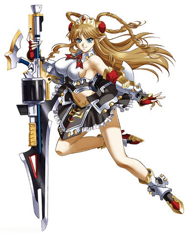 1girl black_skirt blue_eyes breasts brown_hair cleavage closed_mouth elbow_gloves elf fingerless_gloves full_body gloves holding holding_weapon large_breasts long_hair neige_hausen official_art pointy_ears red_footwear sideboob skirt smile solo super_robot_wars super_robot_wars_og_saga_mugen_no_frontier super_robot_wars_og_saga_mugen_no_frontier_exceed third-party_source weapon white_background