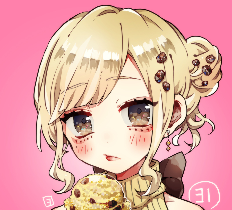 1girl baskin-robbins blush bow brown_bow brown_eyes brown_hair chocolate_chip closed_mouth dot_nose eyelashes food hair_bun ice_cream looking_at_viewer personification pink_background pipipiosuke ribbed_sweater short_hair sleeveless sleeveless_sweater solo sweater upper_body