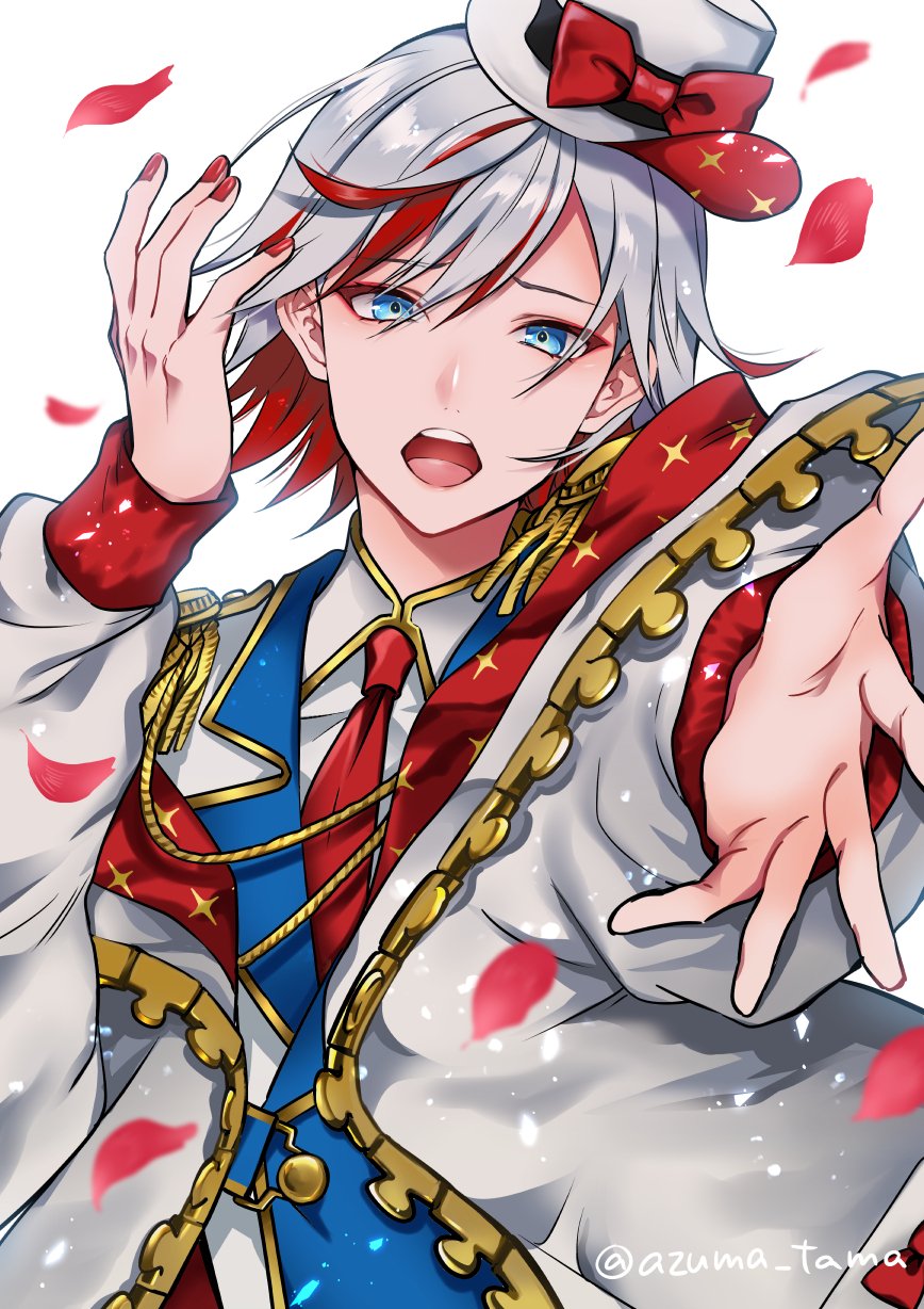 1boy aiguillette arm_up bishounen blue_eyes blue_jacket bow cowlick epaulettes eyeliner eyes_visible_through_hair flipped_hair fragaria_memories full-length_zipper furrowed_brow gold_trim hair_between_eyes hallritt_(fragaria_memories) hat highres jacket lapels light_particles looking_at_viewer makeup male_focus mini_hat mini_top_hat multicolored_hair multicolored_jacket music nail_polish necktie norarikurari333 notched_lapels open_clothes open_mouth outstretched_arm patterned_clothing reaching reaching_towards_viewer red_bow red_eyeliner red_hair red_jacket red_nails red_necktie red_petals shirt short_hair simple_background singing star_(symbol) top_hat twitter_username white_background white_hair white_jacket white_shirt zipper