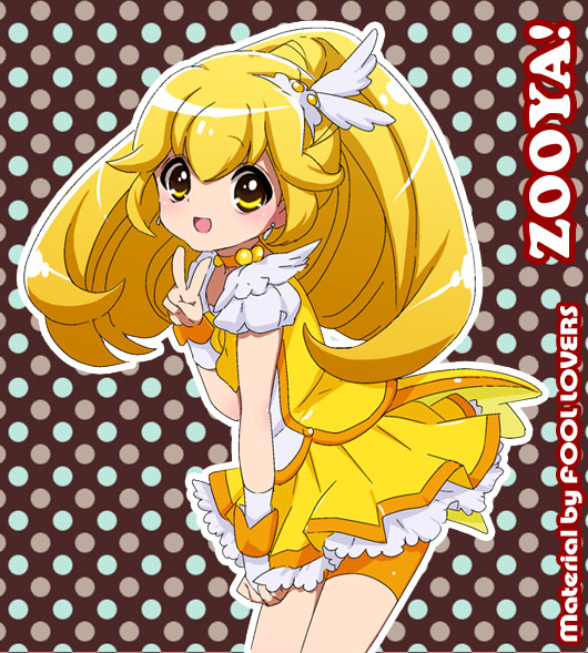 10s 1girl artist_name bike_shorts bike_shorts_under_skirt blonde_hair brown_background choker cure_peace dress female_focus hair_flaps kise_yayoi long_hair magical_girl orange_shorts polka_dot polka_dot_background precure shorts shorts_under_skirt skirt smile smile_precure! solo v wrist_cuffs yellow_dress yellow_eyes yellow_skirt zooya