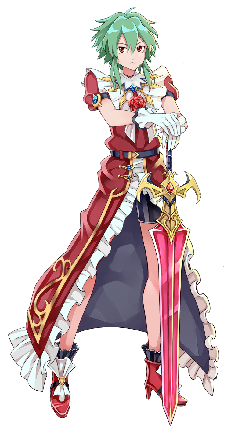1girl asellus_(saga_frontier) bad_id bad_pixiv_id closed_mouth dress flower full_body gloves green_hair high_heels highres looking_at_viewer okken red_eyes red_flower red_rose romancing_saga_re;universe rose saga saga_frontier short_hair simple_background solo sword transparent_background weapon white_background
