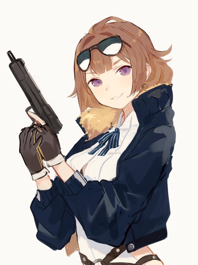 1girl ahoge aviator_sunglasses bad_id bad_twitter_id brown_gloves brown_hair cowboy_shot eyewear_on_head female_focus girls&#039;_frontline gloves grizzly_mkv_(girls&#039;_frontline) gun handgun jacket l.a.r._manufacturing lar_grizzly_win_mag looking_at_viewer neck_ribbon pistol purple_eyes ribbon smile solo sunglasses tarouoga weapon