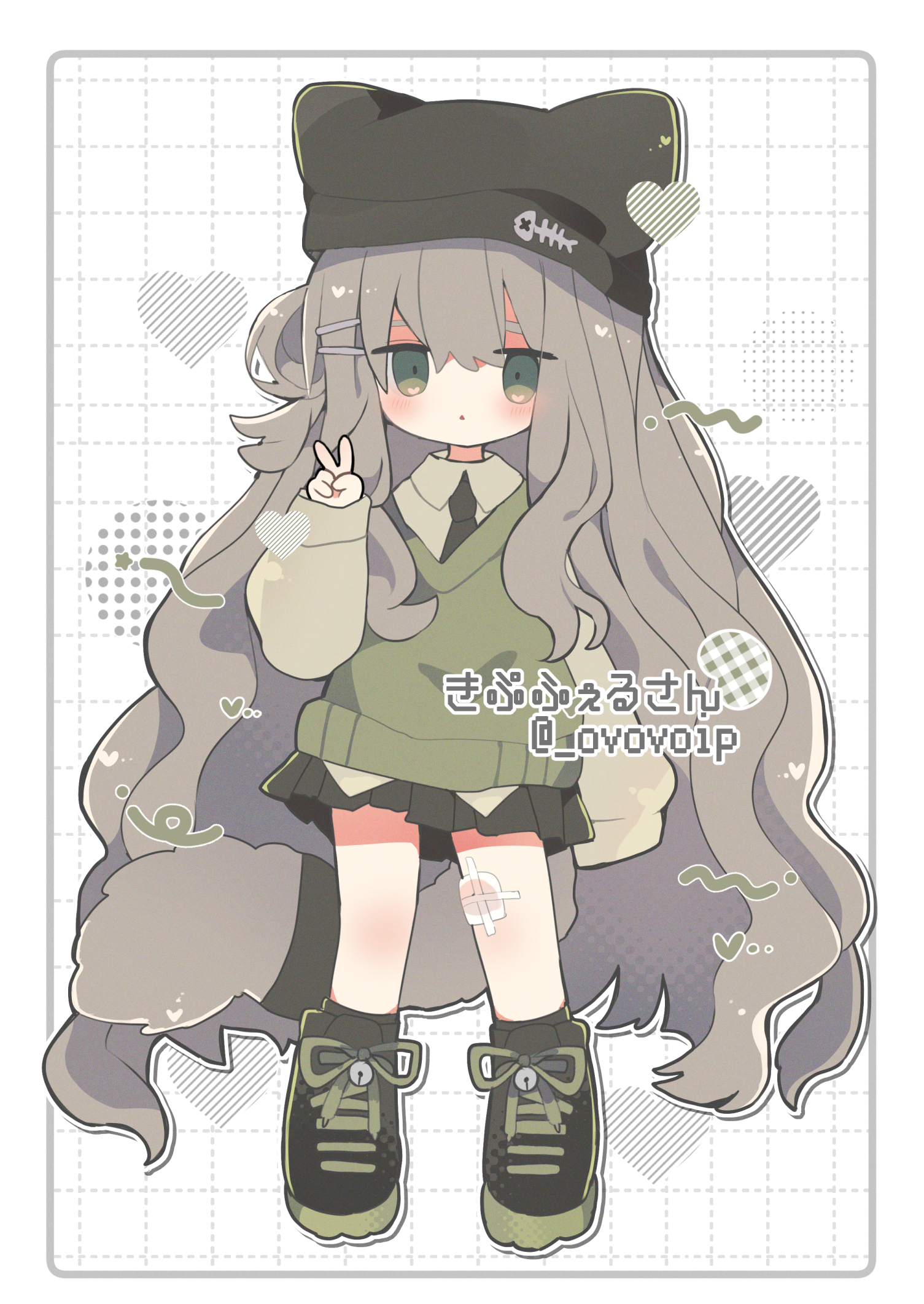 1girl animal_ear_headwear animal_ears animal_hat artist_name bandaid bandaid_on_leg beanie black_hat black_necktie black_shoes black_skirt black_socks blush border brown_hair cat_hat chibi collared_shirt fake_animal_ears fish_skeleton fish_skeleton_hair_ornament full_body green_eyes green_shoes green_sweater grey_hair grid_background hair_between_eyes hair_bun hair_ornament hairclip hand_up hat heart highres kipfel_(vrchat) large_tail long_hair long_sleeves looking_at_viewer mochiyama_kingyo necktie ovoip pleated_skirt shirt shoes skirt sleeves_past_wrists sneakers socks solo standing straight-on sweater sweater_vest tail twitter_username v very_long_hair vest vrchat white_shirt