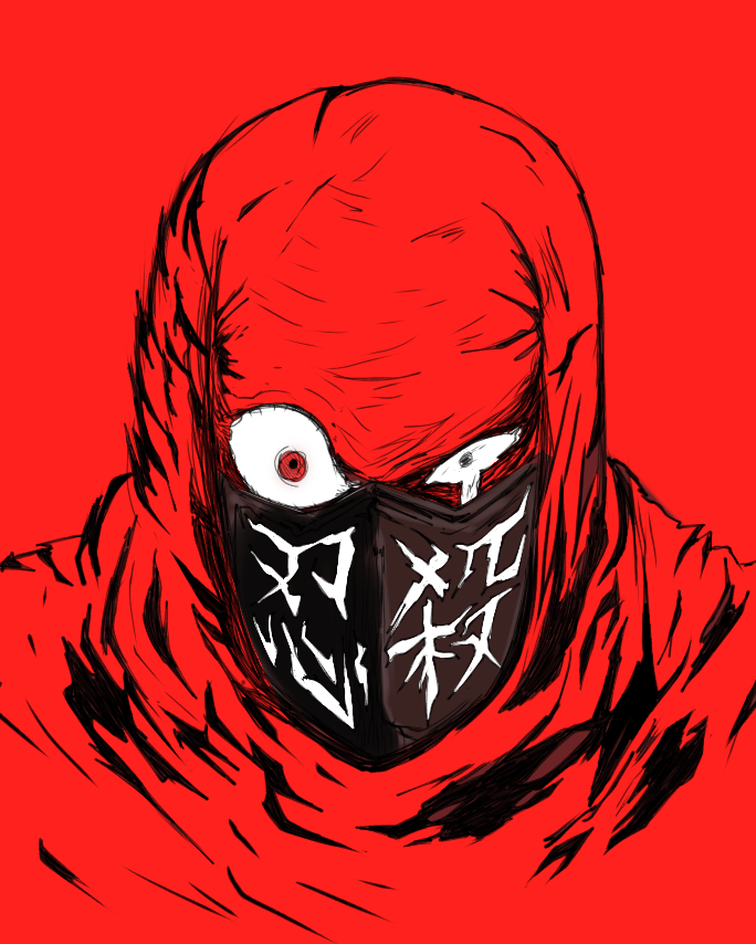 crazy_eyes fujikido_kenji looking_at_viewer mask nan_mo_wakaran ninja ninja_slayer red_background red_eyes tears