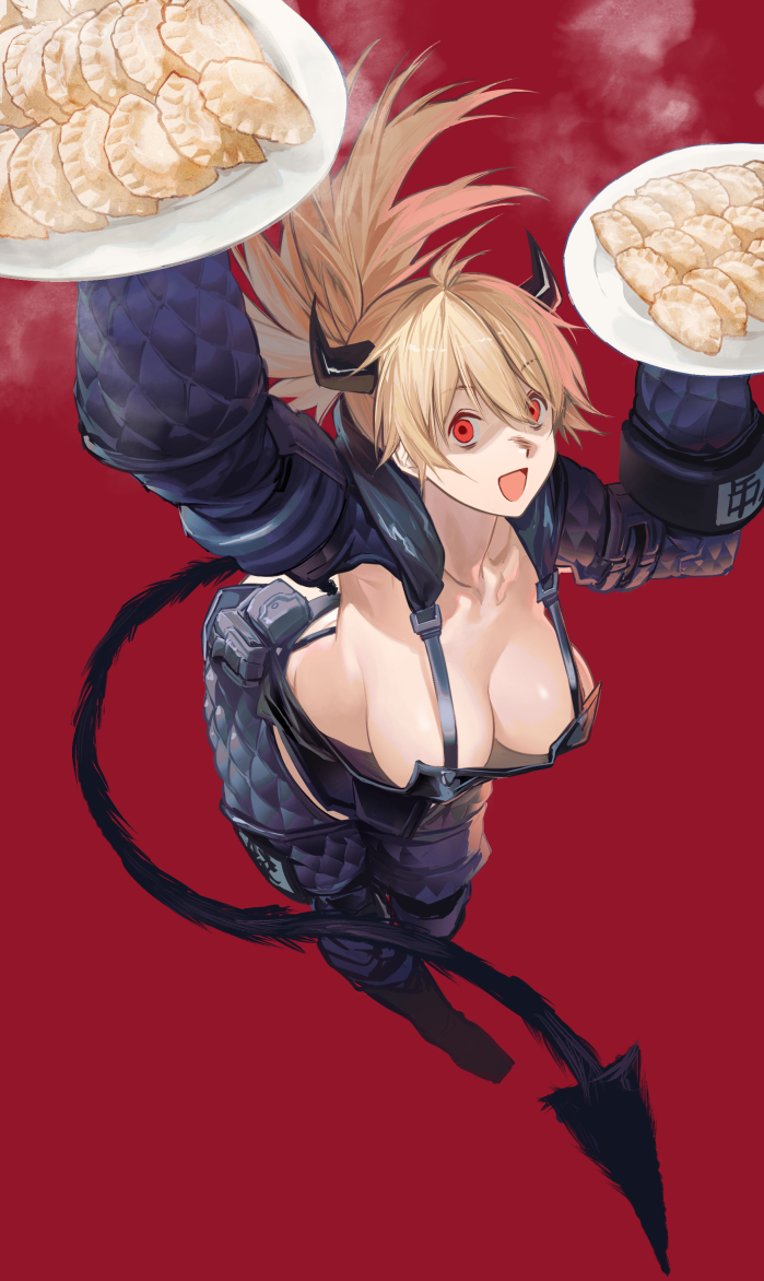 1girl :d apron arm_up belt_pouch black_apron black_pants blonde_hair boots breasts chaps cleavage crazy_eyes crotchless crotchless_pants demon_girl demon_horns demon_tail dorohedoro downblouse dumpling food from_above full_body fur hand_up holding holding_plate hood hood_down horns jiaozi large_breasts leaning_forward long_hair long_sleeves looking_at_viewer naked_apron nikaidou_(dorohedoro) no_bra open_mouth oven_mitts pants plate ponytail pouch red_background red_eyes rff_(3_percent) shaded_face shrug_(clothing) simple_background smile solo standing steam tail
