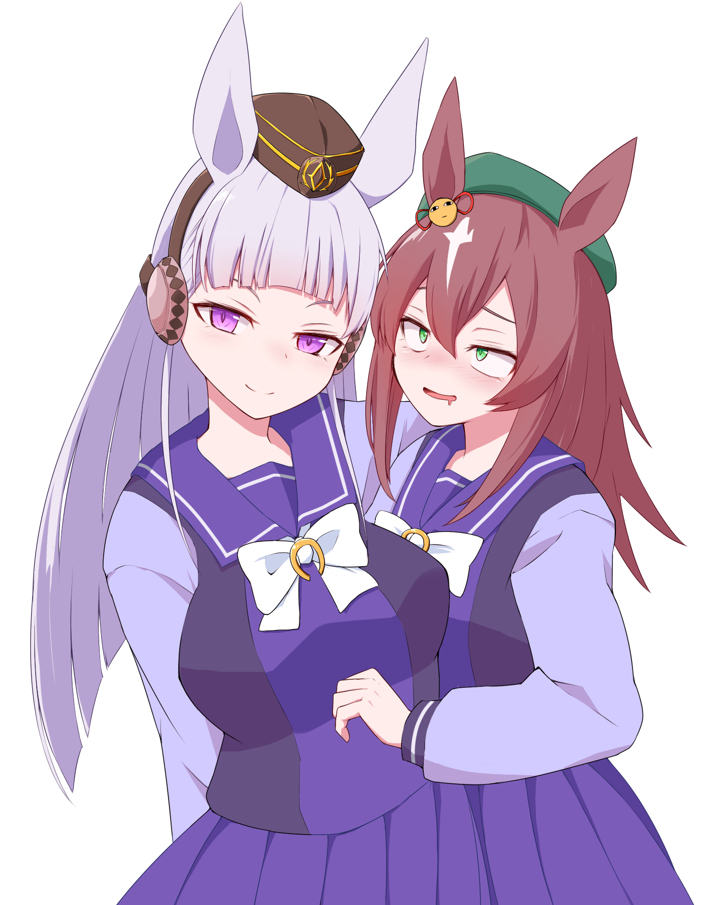 2girls animal_ears beret blunt_bangs blush borrowed_character bow bowtie brown_hair brown_headwear ear_bow genderswap genderswap_(mtf) gintama gold_ship_(umamusume) green_headwear grey_hair hat highres horse_ears horse_girl just_a_way_(racehorse) justaway long_hair long_sleeves looking_at_another multicolored_hair multiple_girls okumari original personification pillbox_hat pleated_skirt purple_eyes purple_serafuku purple_shirt purple_skirt sailor_collar sailor_shirt saliva sanpaku school_uniform serafuku shirt simple_background skirt streaked_hair tracen_school_uniform umamusume white_background white_bow white_bowtie