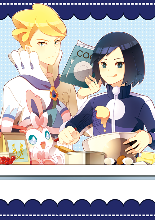 2boys black_hair blonde_hair book calem_(pokemon) cookbook cooking egg flour gen_6_pokemon himari_g_(sr) holding holding_book holding_whisk licking_lips long_sleeves male_focus multiple_boys nintendo pokemon pokemon_(creature) pokemon_xy rolling_pin shirt short_hair siebold_(pokemon) sylveon tongue tongue_out whisk white_shirt