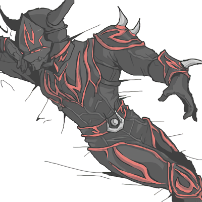 1boy armor bad_id bad_pixiv_id bedding_background black_armor hand_on_own_cheek hand_on_own_face jinta kamen_rider kamen_rider_den-o_(series) lying male_focus monster monster_boy negataros on_back on_bed oni red_eyes red_markings resized smirk spiked_armor squinting upscaled waifu2x white_sheet