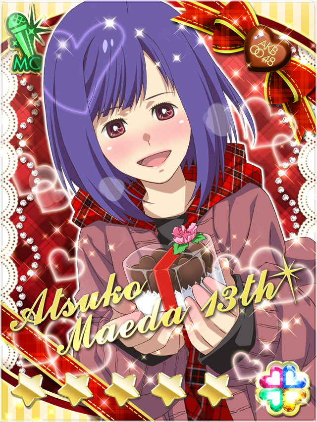 1girl :d akb0048 black_shirt blush breath brown_eyes candy card_(medium) cardigan character_name chocolate chocolate_heart copyright_name dutch_angle food heart heart-shaped_food holding holding_food long_sleeves looking_at_viewer maeda_atsuko_(akb0048) medium_hair non-web_source official_art open_mouth plaid_background purple_cardigan purple_hair red_background shirt smile solo sparkle star_(symbol) upper_body