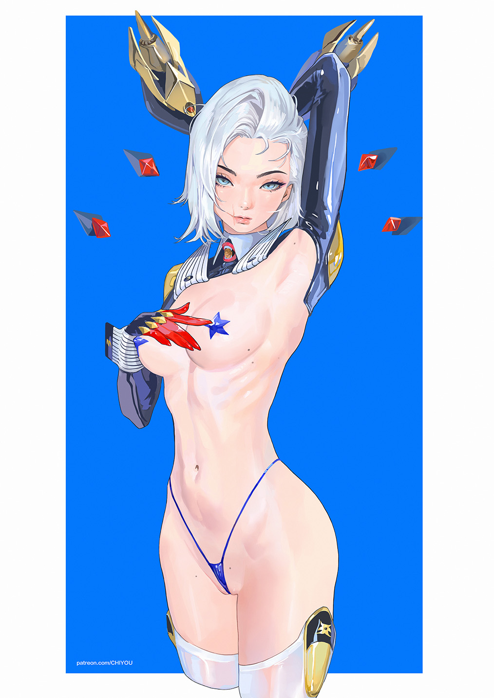 1girl amatiz arm_behind_head armpits ass bikini black_gloves blue_background blue_eyes border breasts character_request collar copyright_request covered_erect_nipples cowboy_shot cropped_legs detached_sleeves gloves grey_hair highres looking_at_viewer medium_breasts medium_hair micro_bikini mole mole_on_armpit mole_on_breast multiple_moles narrow_waist navel pasties patreon_username pussy red_gloves ribs scar scar_on_face scar_on_mouth skindentation solo standing swimsuit thighhighs white_border white_thighhighs