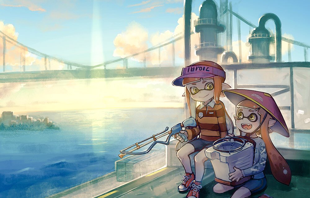 2girls black_shorts brown_sweater chin_strap closed_mouth collared_shirt commentary_request fangs full_body grey_shirt hat holding holding_weapon inkling inkling_girl inkling_player_character jingasa kiitos long_hair long_sleeves looking_at_another multiple_girls nintendo open_mouth orange_hair orange_sweater outdoors pink_hat pointy_ears red_shoes shirt shoes shorts sitting sloshing_machine_(splatoon) smile sneakers splatoon_(series) squiffer_(splatoon) striped_clothes striped_sweater sweater tentacle_hair two-tone_sweater visor_cap weapon white_shirt yellow_eyes