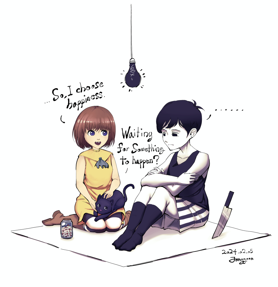 ... 1boy 1girl cat english_text fran_bow fran_bow_dagenhart jar jonggoon knife light_bulb mr._midnight omori omori_(omori) on_lap open_mouth signature sitting sleeveless wariza white_background