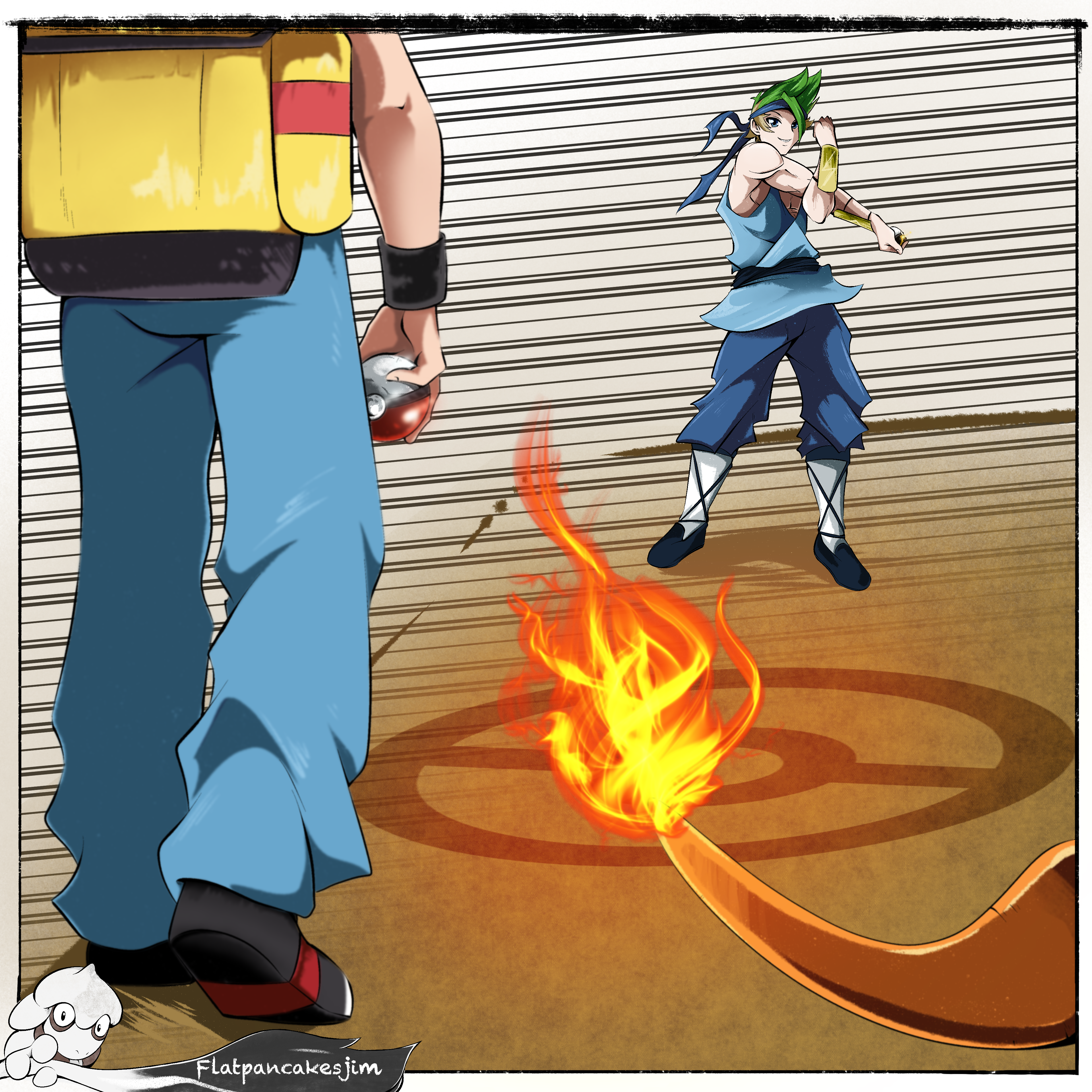 2boys absurdres bag battlefield charizard fire flatpancakesjim gen_1_pokemon highres multiple_boys nintendo original perspective poke_ball pokemon pokemon_battle pokemon_frlg red_(pokemon) red_(pokemon_frlg) simple_background stretching ultra_ball