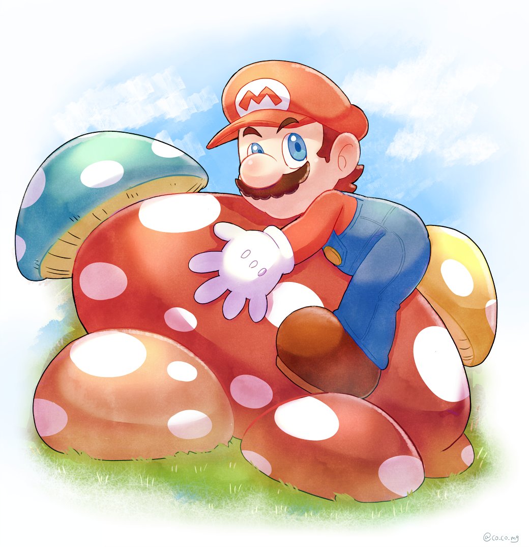 1boy blue_eyes blue_overalls boots brown_footwear co_co_mg facial_hair gloves grass hat male_focus mario mario_(series) mushroom mustache nintendo overalls red_headwear red_shirt shirt the_super_mario_bros._movie white_gloves