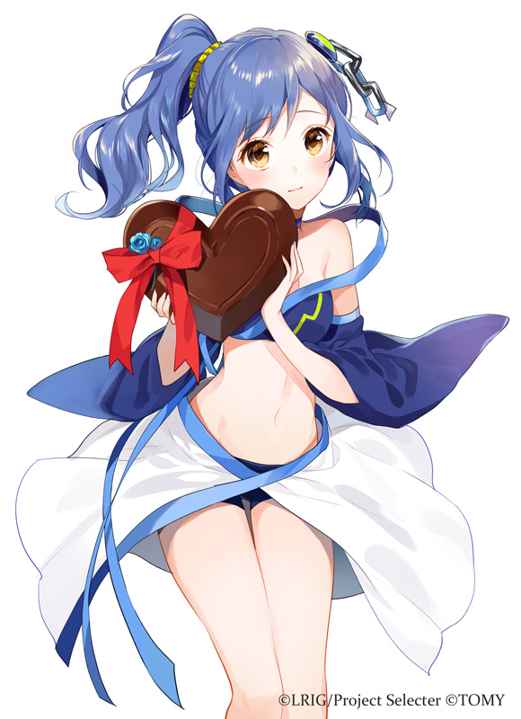 10s 1girl bare_shoulders blue_hair blush brown_hair candy chocolate chocolate_heart commentary_request detached_sleeves female_focus food gift hair_ornament heart holding holding_gift long_hair looking_at_viewer lostorage_wixoss piruluk_(lostorage_wixoss) ponytail scrunchie side_ponytail simple_background smile solo valentine white_background wixoss yuzuki_kihiro