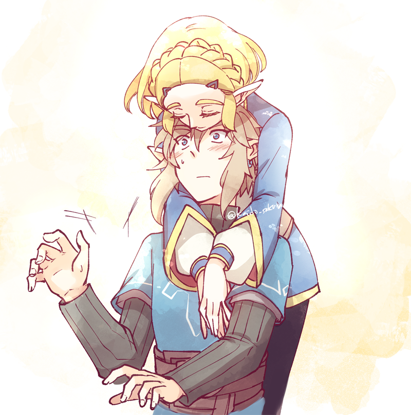 1boy 1girl arms_around_neck black_pants black_sweater blonde_hair blue_eyes blue_shirt blue_tunic blush braid closed_eyes couple crown_braid earrings gold_trim hair_between_eyes hair_ornament hairclip hetero hug hug_from_behind jewelry kaidou_mitsuki link medium_hair nintendo pants parted_bangs pointy_ears princess_zelda shirt short_hair sidelocks sweatdrop sweater the_legend_of_zelda the_legend_of_zelda:_breath_of_the_wild the_legend_of_zelda:_tears_of_the_kingdom tunic twitter_username upper_body wide-eyed