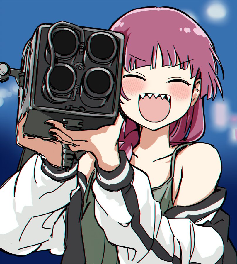 1girl black_nails bocchi_the_rock! braid closed_eyes collarbone commando_(movie) hiroi_kikuri holding holding_rocket_launcher holding_weapon jacket long_hair long_sleeves m202_flash multishot_rocket_launcher red_hair rocket_launcher sharp_teeth single_braid solo teeth torako_(toramaru) upper_body weapon