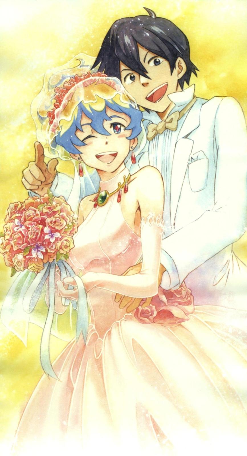 00s 1boy 1girl bridal_veil bride couple dress flower hetero highres nia_teppelin official_art shinagawa_hiroki simon_(ttgl) smile tengen_toppa_gurren_lagann tuxedo veil wedding wedding_dress