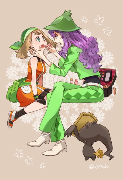 1boy 1girl applying_makeup aqua_eyes bandana banette bare_arms belt bike_shorts black_legwear commentary_request cosmetics eyelashes gen_3_pokemon gloves green_bandana green_headwear green_jacket green_pants harley_(pokemon) hat jacket light_brown_hair lipstick lipstick_tube long_hair makeup may_(pokemon) nintendo open_mouth pants pokemon pokemon_(anime) pokemon_(creature) pokemon_dppt_(anime) pokemon_rse_(anime) purple_hair sasairebun shoes socks teeth tongue watermark