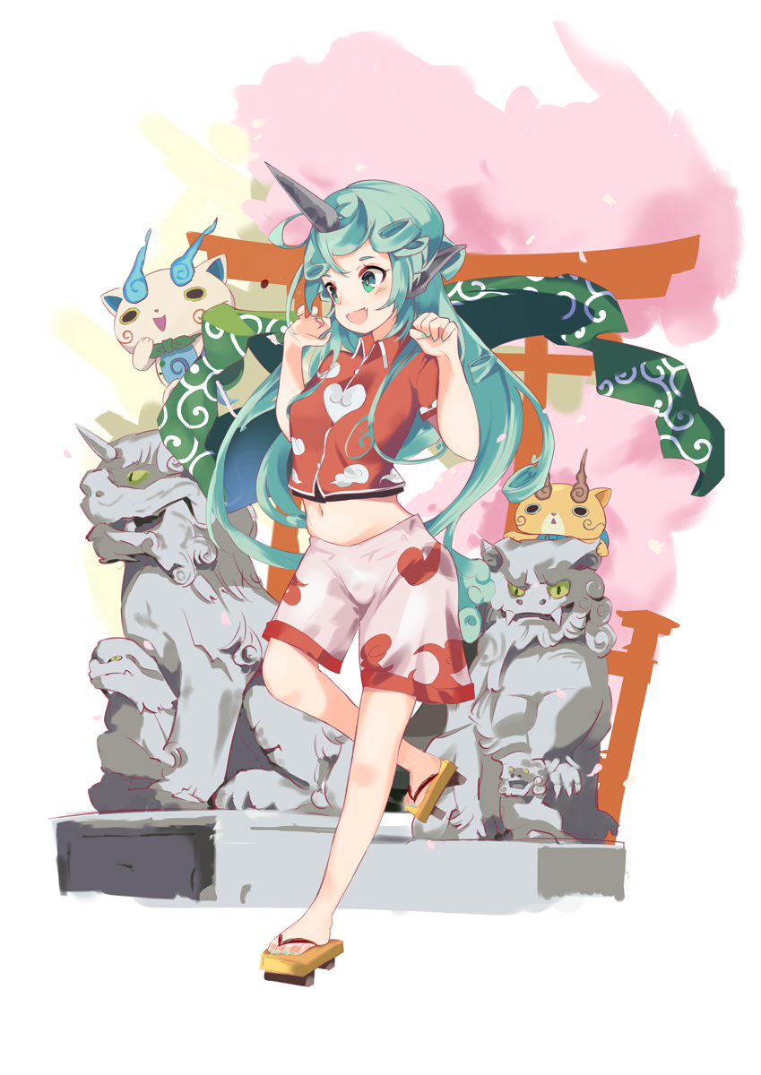 1girl animal_ears bare_arms bare_legs buttons cloud_print collared_shirt curly_hair female_focus full_body green_eyes green_hair highres horns kariyushi_shirt komainu komajirou komano_aunn komasan long_hair midriff navel red_shirt shirt short_sleeves shorts single_horn solo standing standing_on_one_leg statue tetsurou_(fe+) torii touhou very_long_hair white_shorts wing_collar youkai_watch