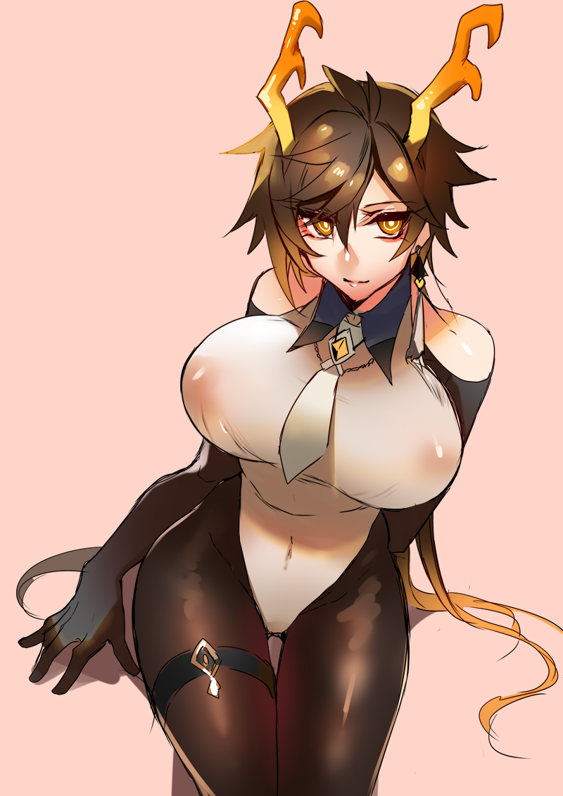 1girl bare_shoulders bodysuit breasts brown_hair closed_mouth collared_leotard commentary_request covered_erect_nipples covered_navel dragon_horns earrings eyeliner eyeshadow genderswap genderswap_(mtf) genshin_impact gradient_background gradient_hair hair_between_eyes horns jewelry kaneaki_mukku large_breasts long_hair looking_at_viewer makeup multicolored_hair necktie orange_hair pink_background red_eyeshadow simple_background single_earring sitting smile solo tassel tassel_earrings yellow_eyes zhongli_(genshin_impact)