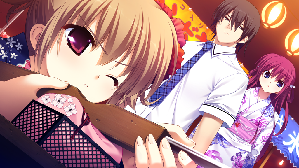 1boy 2girls aiming black_hair blue_eyes blue_kimono blue_necktie bow brown_hair closed_mouth collarbone collared_shirt concentrating dutch_angle floral_print floral_print_kimono frown fumio_(ura_fmo) game_cg grey_eyes grisaia_(series) grisaia_no_kajitsu gun hair_between_eyes hair_bow holding holding_gun holding_weapon irisu_makina japanese_clothes kazami_yuuji kimono lantern long_hair long_sleeves looking_at_another multiple_girls necktie night non-web_source one_eye_closed open_mouth outdoors pink_sash plaid_clothes plaid_necktie print_kimono red_hair sash shirt short_hair short_twintails standing summer_festival suou_amane twintails weapon white_bow white_kimono white_shirt yukata