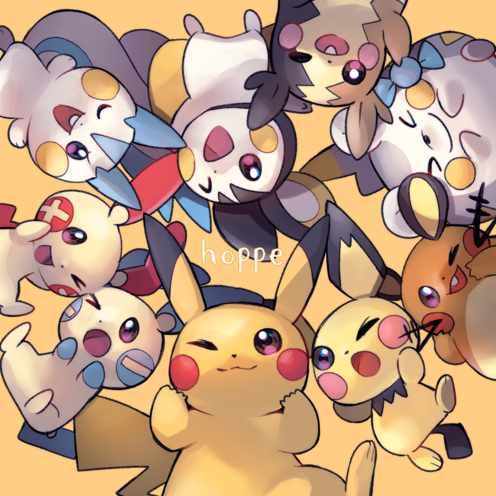 &gt;_&lt; &gt;_o ;3 ;d animal_focus closed_eyes closed_mouth dedenne dot_nose emolga game_freak gen_1_pokemon gen_2_pokemon gen_3_pokemon gen_4_pokemon gen_5_pokemon gen_6_pokemon gen_7_pokemon gen_8_pokemon minun minus_sign morpeko morpeko_(full) nintendo no_humans one_eye_closed open_mouth pachirisu pichu pikachu plus_sign plusle pokemon pokemon_(creature) pokemon_focus simple_background smile teeth togedemaru trait_connection upper_teeth_only yellow_background yukichi_(tsuknak1)