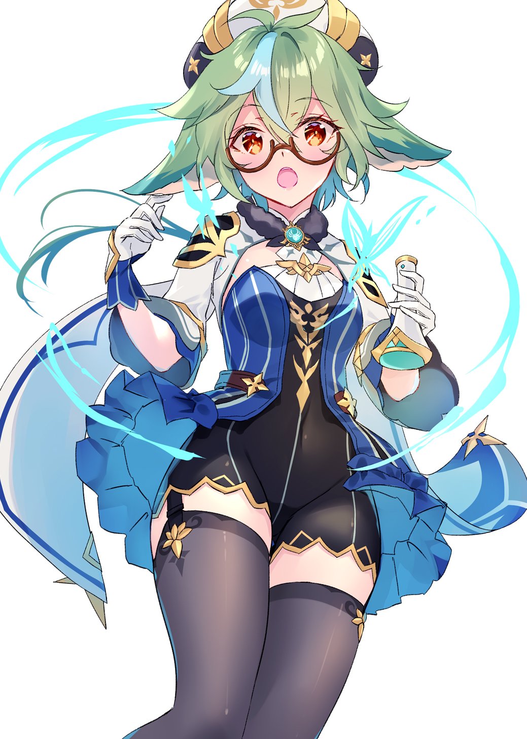 1girl anemo_symbol_(genshin_impact) animal_ears black_leotard black_thighhighs blush commentary_request cowboy_shot garter_straps genshin_impact glasses gloves green_hair hair_between_eyes hat highres kobayashi_chisato leotard looking_at_viewer open_mouth orange_eyes short_hair solo sucrose_(genshin_impact) thighhighs thighs vial vision_(genshin_impact)