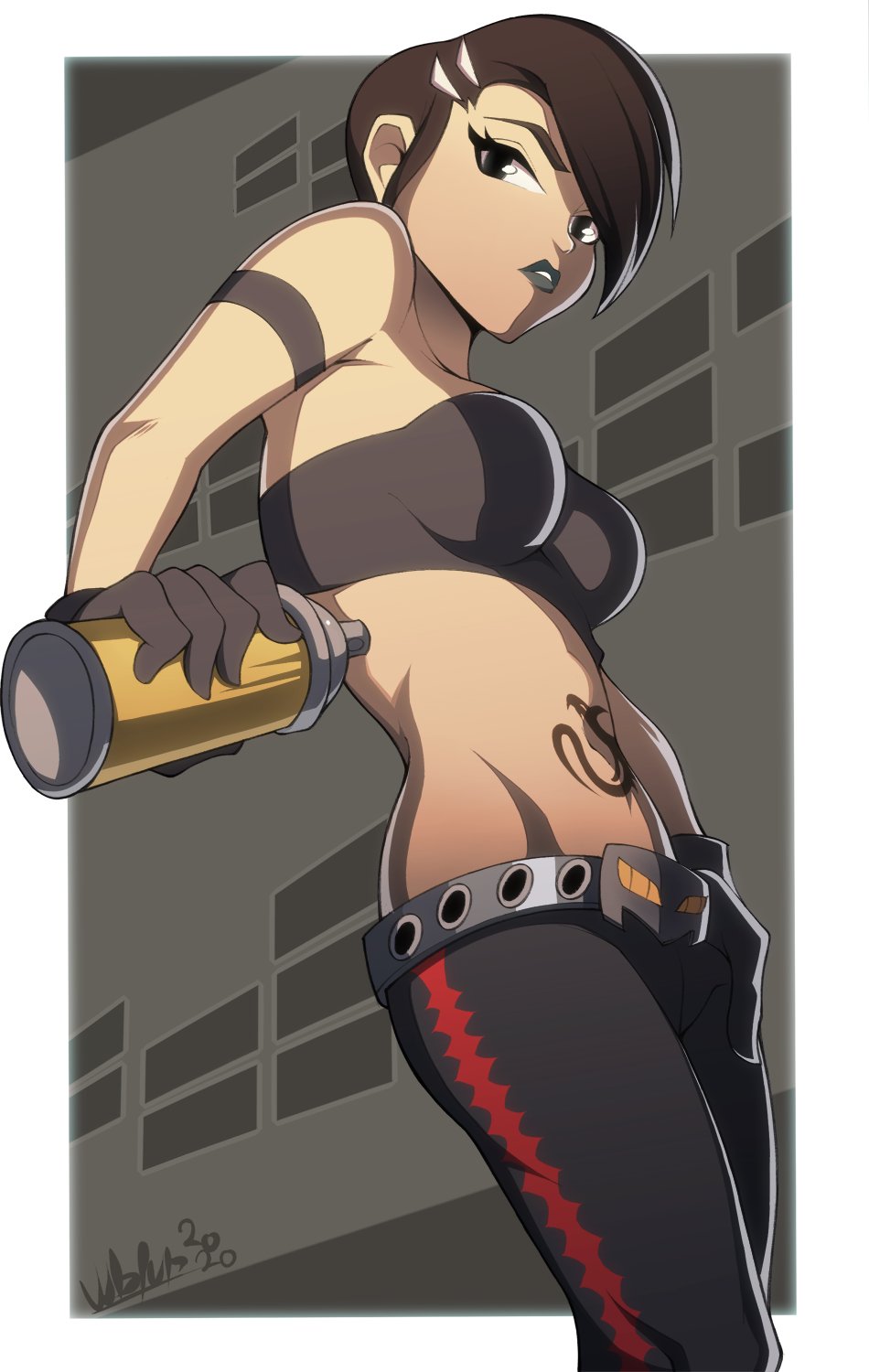1girl artist_name bare_shoulders belt black_eyes black_thighhighs breasts cube_(jsr) gloves hair_ornament highres hip_bones jet_set_radio jet_set_radio_future medium_breasts midriff sega short_hair spray_can stomach_tattoo strapless tattoo thighhighs tube_top wildblur
