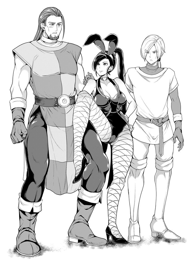 1girl 2boys animal_ear_hairband animal_ears blush boots bracelet breasts checkered_clothes choker cleavage commentary_request dragon_quest dragon_quest_xi facial_hair fake_animal_ears fishnet_pantyhose fishnets full_body gloves gluteal_fold greig_(dq11) greyscale hair_slicked_back hairband hand_on_another&#039;s_shoulder hand_on_own_hip heart heart_choker high_heels high_ponytail homeros_(dq11) jewelry large_breasts leg_around_another&#039;s_leg long_hair looking_at_another low_ponytail martina_(dq11) miryuku monochrome multiple_boys muscular muscular_male pantyhose ponytail rabbit_ears single_bang smile standing standing_on_one_leg tabard tailcoat_playboy_bunny thigh_boots tunic