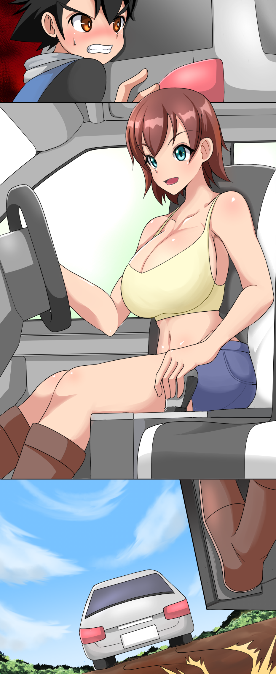 1boy 1girl ash_ketchum black_hair blue_eyes breasts brown_eyes brown_hair car cleavage creatures_(company) game_freak honotomo7 hotpants janet_(pokemon) large_breasts motor_vehicle nintendo pokemon pokemon_(anime) pokemon_ag013 pokemon_rse_(anime) pushing_car