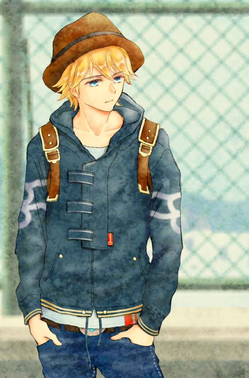 1boy alternate_costume azu_rin_go backpack bag belt blonde_hair blue_eyes blue_hoodie blue_sky blurry blurry_background bokujou_monogatari bokujou_monogatari:_mittsu_no_sato_no_taisetsuna_tomodachi brown_belt brown_hat casual chain-link_fence closed_mouth collarbone concrete contemporary cowboy_hat cowboy_shot day denim drawstring fence hair_between_eyes hands_in_pockets hat highres hood hoodie jeans long_sleeves male_focus outdoors pants shirt short_hair sky solo standing wayne_(bokujou_monogatari) white_shirt