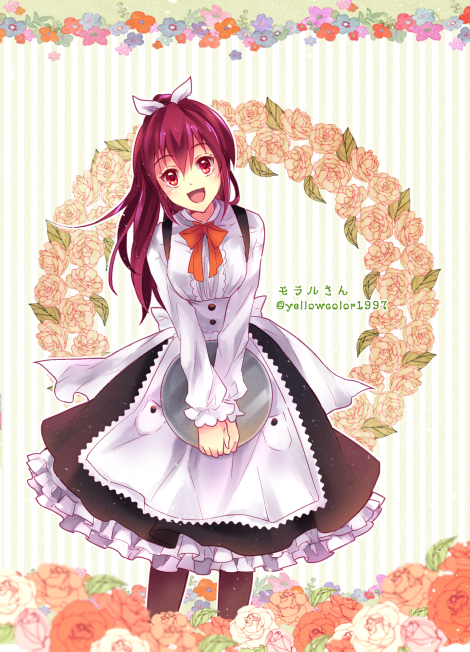 1girl :d apron black_pantyhose black_skirt bow female_focus free! hair_between_eyes hair_bow high_ponytail holding holding_plate layered_skirt leaning_forward long_hair long_sleeves looking_at_viewer maid matsuoka_gou medium_skirt momoko_(momoko14) open_mouth orange_neckwear pantyhose plate ponytail red_eyes red_hair shirt skirt smile solo standing striped_background waist_apron white_apron white_bow white_shirt