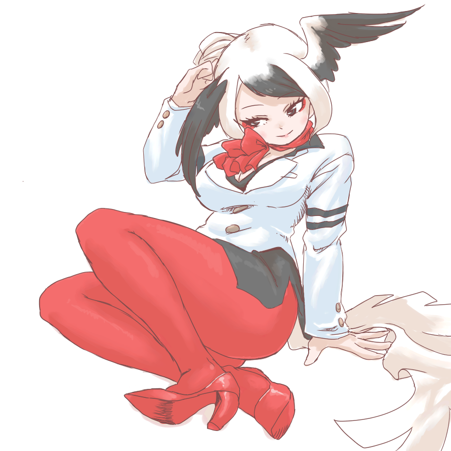 1girl bird_girl bird_tail bird_wings black_hair black_skirt blonde_hair blush eyeliner head_wings high_heels kemono_friends long_sleeves makeup maki_(02uh14l1b740ao2) multicolored_hair oriental_stork_(kemono_friends) pantyhose pencil_skirt red_eyeliner red_pantyhose red_scarf red_shoes scarf shirt shoes sidelocks sitting skirt smile solo tail white_hair white_shirt wings