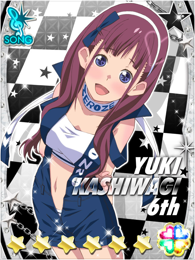 1girl :d akb0048 arms_behind_back bandeau blue_eyes blue_jumpsuit card_(medium) character_name checkered_background cowboy_shot crop_top from_above hairband heart jumpsuit kashiwagi_yuki_(akb0048) long_hair looking_at_viewer midriff navel non-web_source official_art open_jumpsuit open_mouth purple_hair race_queen sleeveless_jumpsuit smile solo sparkle standing star_(symbol) treble_clef white_bandeau white_hairband