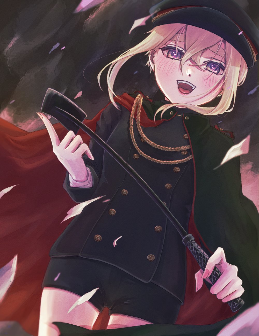 :d black_cape black_footwear black_hat blonde_hair blush cape hat heart heart-shaped_pupils highres holding holding_riding_crop holding_whip index_finger_raised kimi_no_koto_ga_dai_dai_dai_dai_daisuki_na_100-nin_no_kanojo looking_at_viewer military military_hat military_uniform oknomyk open_mouth petals purple_eyes red_cape riding_crop short_hair_with_long_locks short_shorts shorts smile sutou_iku symbol-shaped_pupils whip
