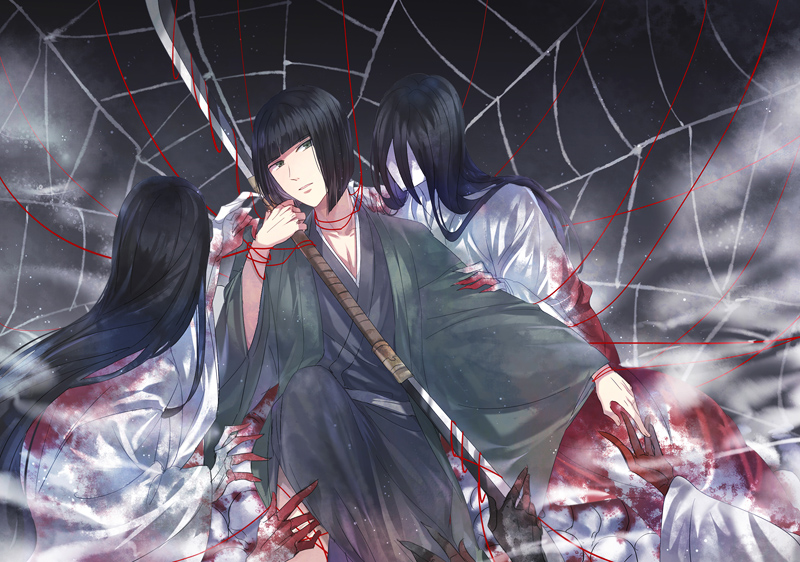 1boy 2girls 2others black_hair black_kimono blunt_bangs blunt_ends expressionless green_eyes green_haori haori japanese_clothes kimono long_hair looking_to_the_side male_focus multiple_girls multiple_others out_of_frame sengoku_basara shibata_katsuie_(sengoku_basara) short_hair silk solo_focus spider_web toruglose