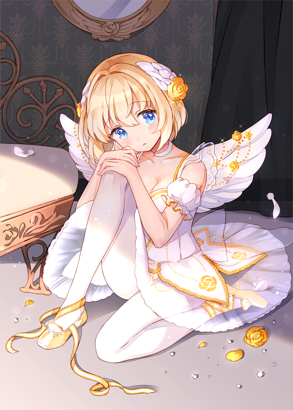 1girl bad_id bad_pixiv_id ballerina ballet_slippers bare_shoulders blonde_hair blue_eyes breasts cleavage dress female_focus flower hair_flower hair_ornament highres jitter original pantyhose rose short_hair sitting solo wings