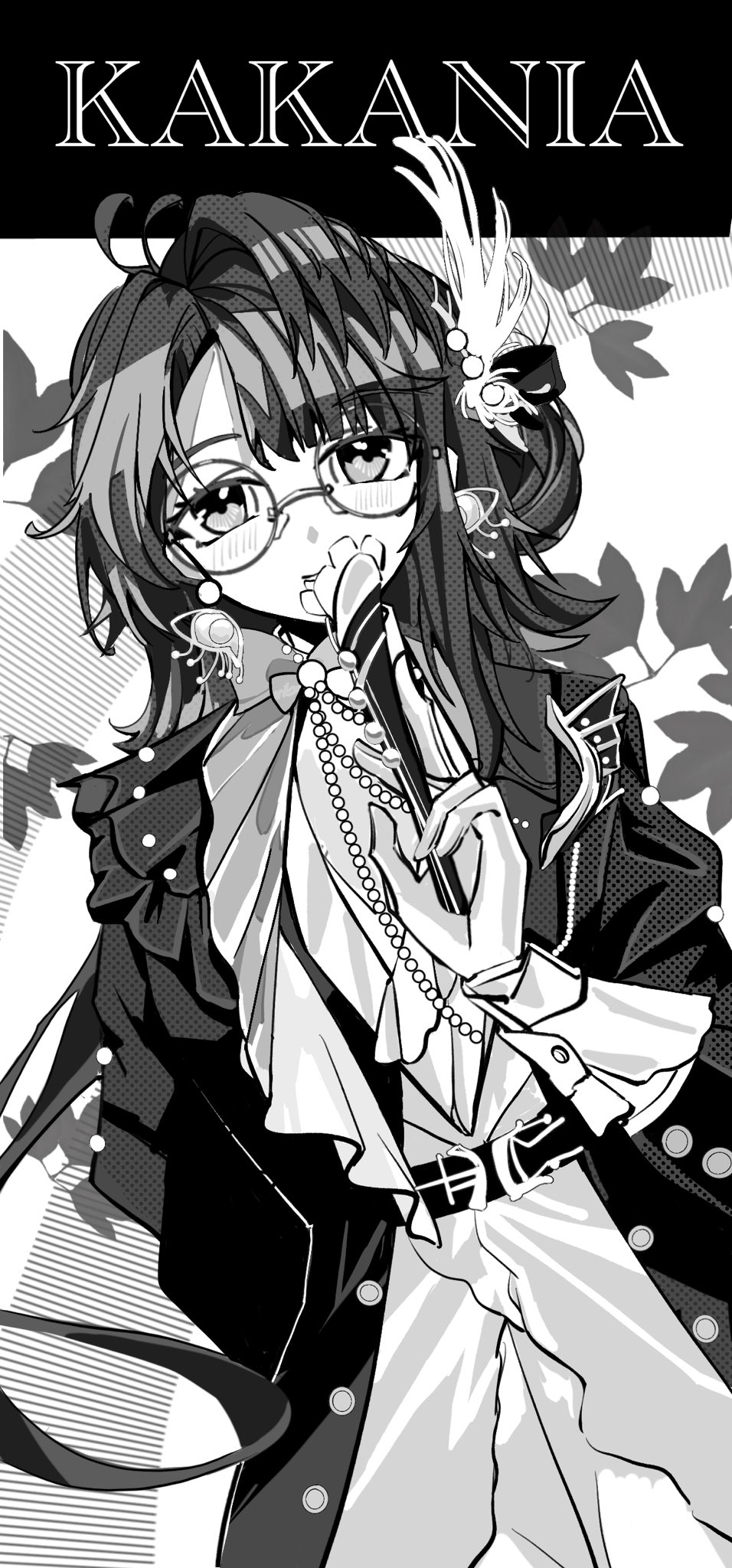 1girl arm_behind_back belt character_name cowboy_shot fan_to_mouth feather_hair_ornament feathers folded_fan folding_fan glasses gloves greyscale hair_ornament hand_fan hand_up highres holding holding_fan jacket kakania_(reverse:1999) kakania_(seminars_on_serenity)_(reverse:1999) long_hair monochrome official_alternate_costume reverse:1999 seventeen_meimi shirt solo