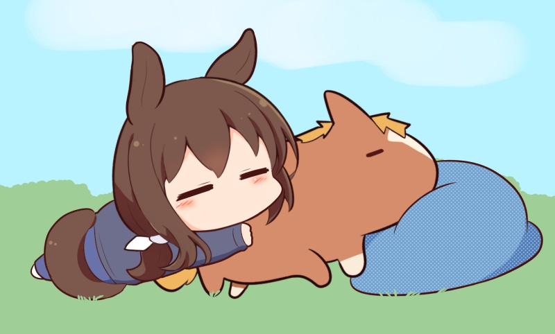 1girl =_= admire_japan_(racehorse) admire_vega_(umamusume) animal_ears bean_bag_chair bow brown_hair chibi commentary gomashio_(goma_feet) grass horse horse_ears horse_girl horse_tail long_sleeves lying no_mouth on_stomach outdoors ponytail sky sweater tail umamusume white_bow yogibo