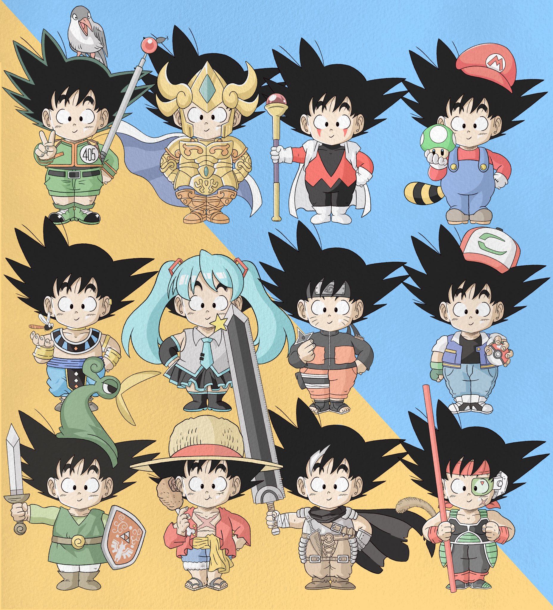 1-up_mushroom 6+boys armor ash_ketchum ash_ketchum_(cosplay) bardock bardock_(cosplay) beerus beerus_(cosplay) berserk black_hair chicken_(food) chicken_leg child cosplay dragon_ball dragon_ball_super dragonball_z food full_body gavo gold_armor gold_saint gon_freecss gon_freecss_(cosplay) guts_(berserk) guts_(berserk)_(cosplay) hatsune_miku hatsune_miku_(cosplay) highres holding holding_mushroom holding_poke_ball holding_shuriken holding_staff holding_sword holding_weapon hunter_x_hunter leo_aiolia leo_aiolia_(cosplay) link mage_staff mario mario_(cosplay) mario_(series) meat monkey_d._luffy monkey_d._luffy_(cosplay) multiple_boys multiple_persona mushroom naruto_(series) nintendo one_piece poke_ball pokemon pokemon_(anime) raccoon_mario saint_seiya short_hair shuriken son_goku spiked_hair staff super_mario_bros._3 sword the_legend_of_zelda the_legend_of_zelda:_the_minish_cap toon_link toon_link_(cosplay) uzumaki_naruto uzumaki_naruto_(cosplay) v vocaloid weapon wesatinthecar