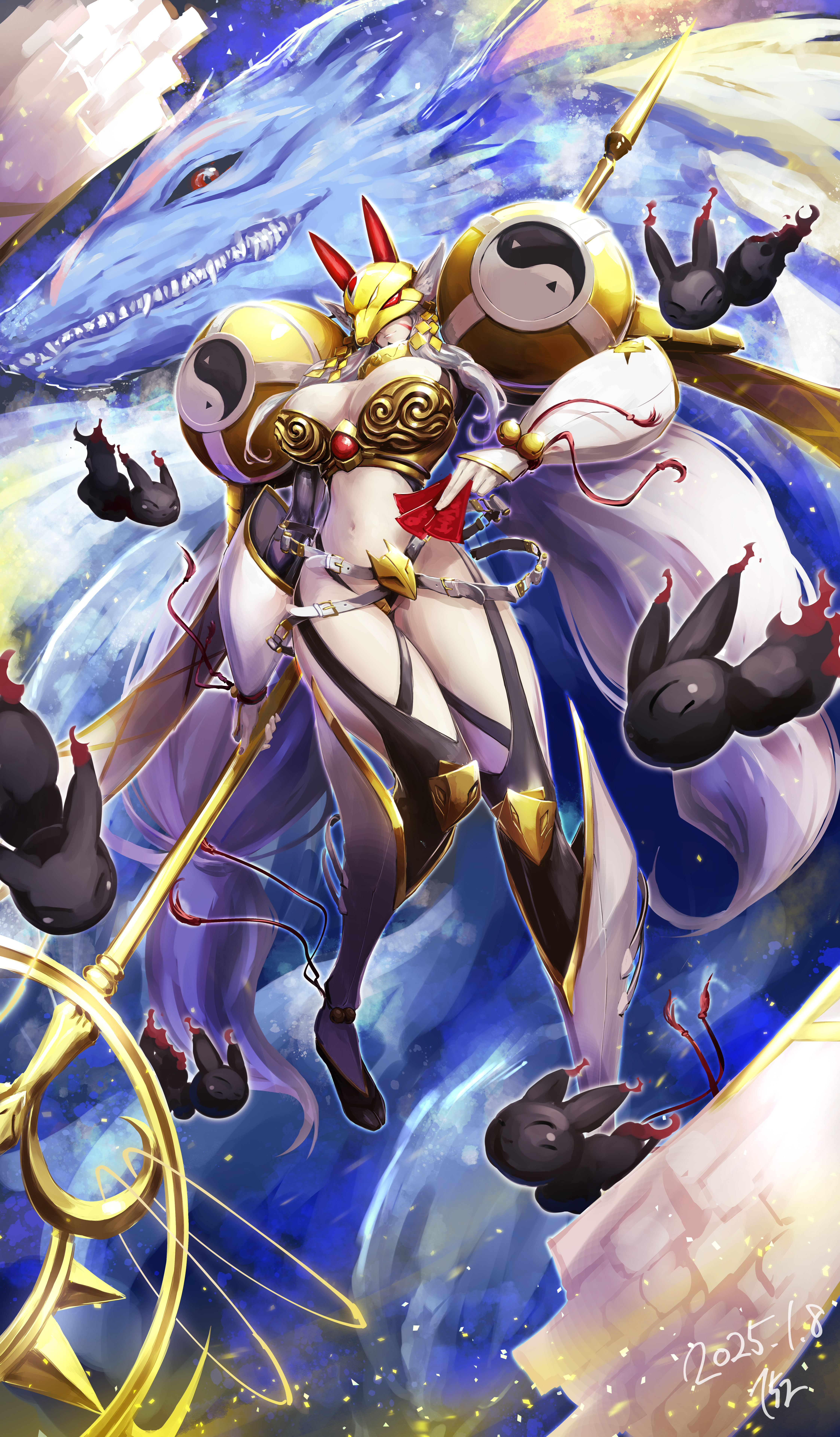 152_in_can 1girl absurdres animal_ears armor belt bikini_armor black_thighhighs breasts cleavage closed_mouth commentary commission covered_eyes dated detached_sleeves digimon digimon_(creature) earrings facial_mark familiar floating fox_ears fox_mask full_body grey_hair hair_ribbon highres holding holding_ofuda holding_staff jewelry large_breasts leg_warmers long_hair mask multiple_earrings navel ofuda pixiv_commission ribbon sakuyamon sakuyamon_x-antibody shakujou shoulder_armor sidelocks signature skindentation smile solo staff stomach tabi thighhighs tress_ribbon very_long_hair white_belt white_sleeves yellow_armor yellow_collar yellow_mask yin_yang yin_yang_print