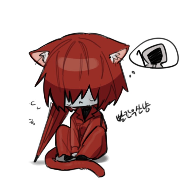 1boy 1girl animal_ears cat_boy cat_ears cat_tail chibi coat commentary_request crying ears_down full_body heroine_(homicipher) holding holding_umbrella homicipher knees_up korean_commentary male_focus mr._scarletella myam_(123ab456c) red_coat red_hair red_umbrella short_hair simple_background sitting tail translation_request umbrella white_background